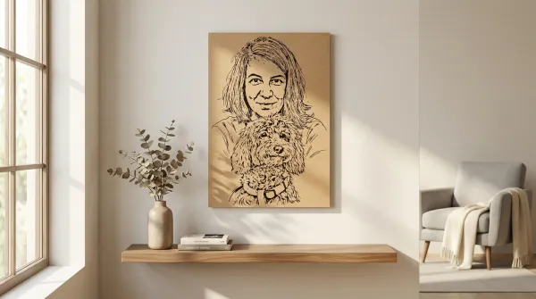 Portret animal de companie gravat pe lemn, expus pe perete